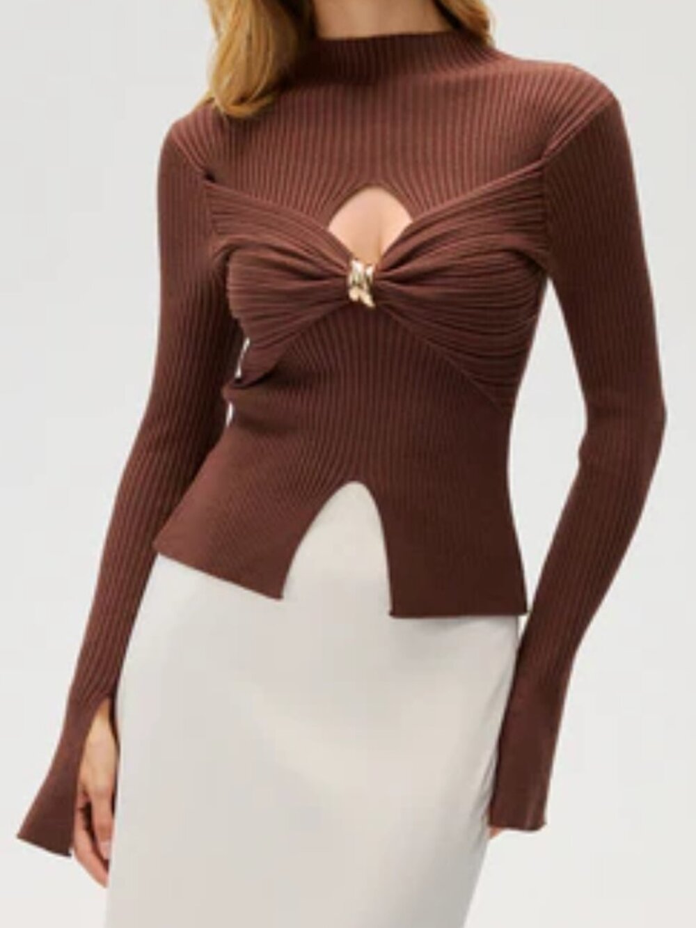 Cut-Out Rib-Knit Mock Neck Top